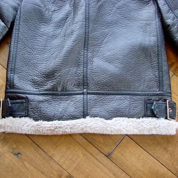 Zara Black Faux Leather Shearling Jacket Aviator Biker Moto Bomber Size Small - Picture 14 of 15